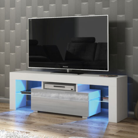 Floe TV Unit 130cm - White with Grey Gloss Doors & LED