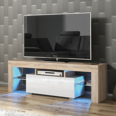 Floe TV Unit - Oak with White Gloss Doors & LED - 130cm