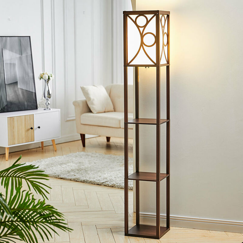 3-in-1 Wooden & Linen Floor Lamp with Shelves Units,Walnut Geometric Pattern