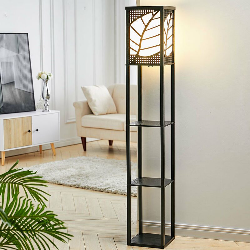 3-in-1 Wooden & Linen Floor Lamp with Shelves Units,Black Leaves