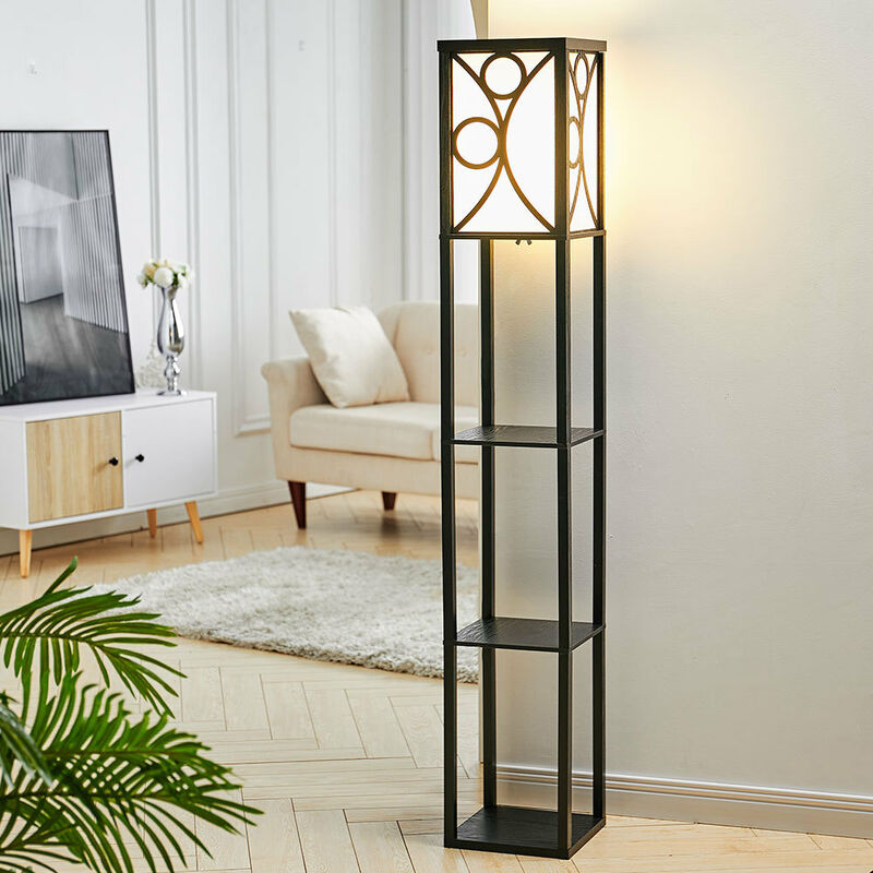 3-in-1 Wooden & Linen Floor Lamp with Shelves Units,Black Geometric Pattern