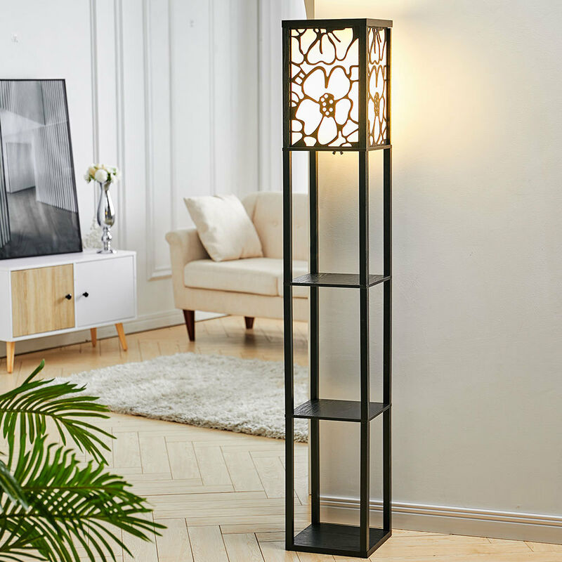3-in-1 Wooden & Linen Floor Lamp with Shelves Units,Black Flower