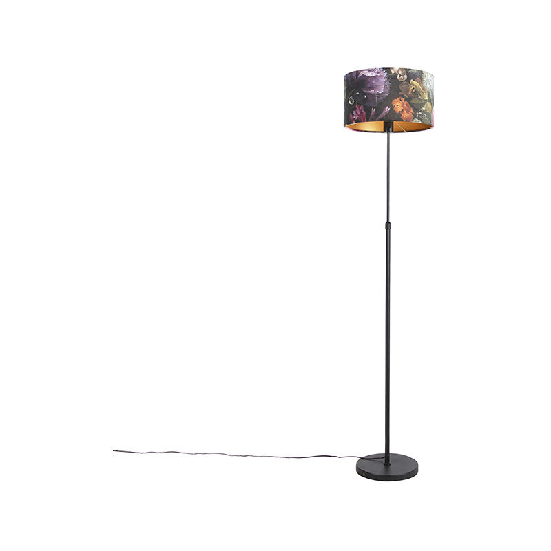 Floor Lamp Black With 35Cm Floral Velvet Shade - Parte - Multi Color
