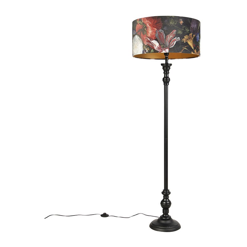 Floor Lamp Black With 50Cm Velvet Floral Shade - Classico - Multi Color