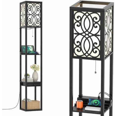 Floor Lamp Freestanding Bedside Lounge Light Lamp W/ 3 Tier Shelves-Black