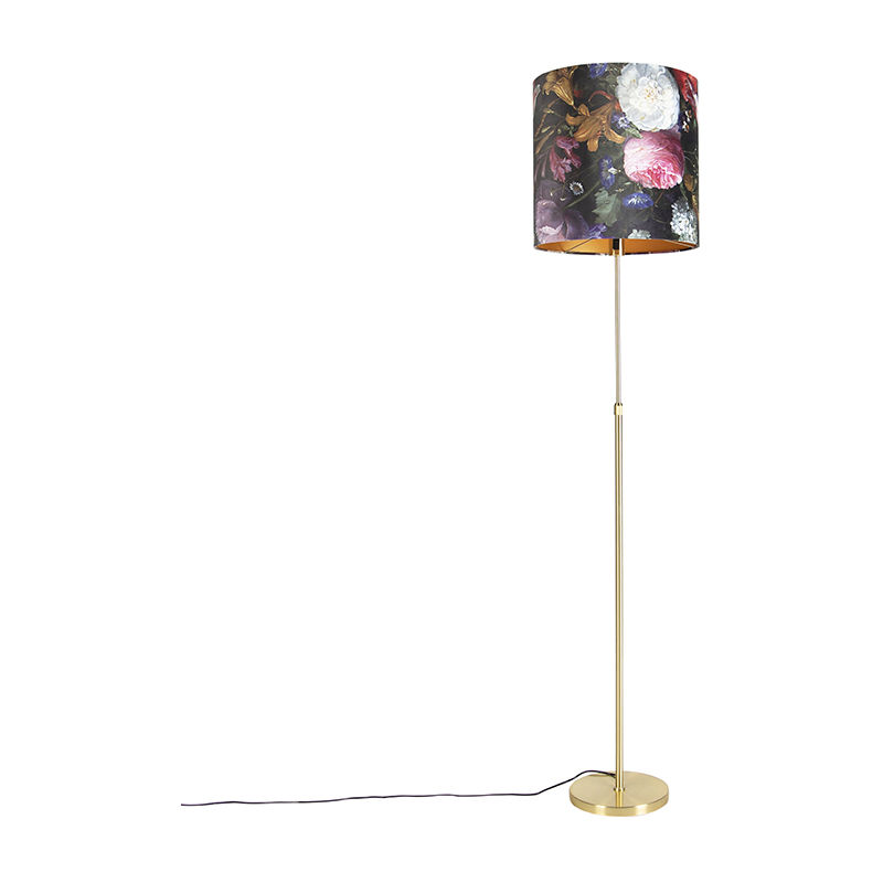 Floor Lamp Gold/Brass with 40/40cm Floral Velvet Shade - Parte - Multi color