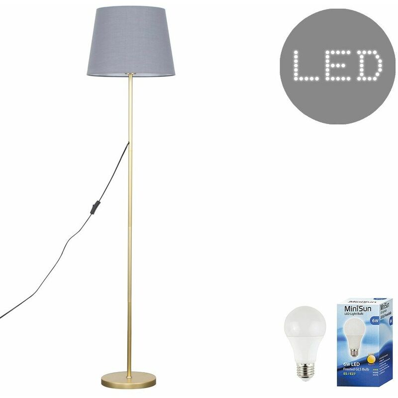 Minisun - Charlie Stem Floor Lamp in Gold with Aspen Shade - Grey - Including LED Bulb