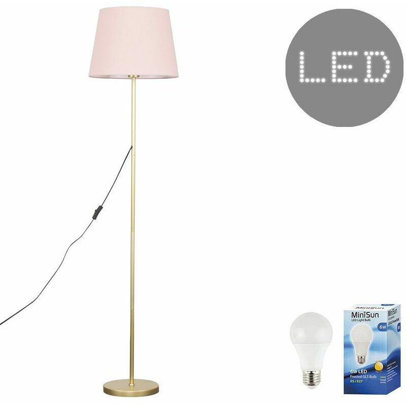 Minisun - Charlie Stem Floor Lamp in Gold with Aspen Shade - Pink - Including LED Bulb