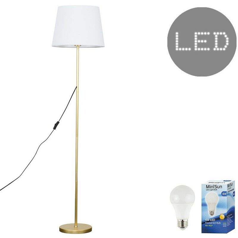 Minisun - Charlie Stem Floor Lamp in Gold with Aspen Shade - White - Including LED Bulb