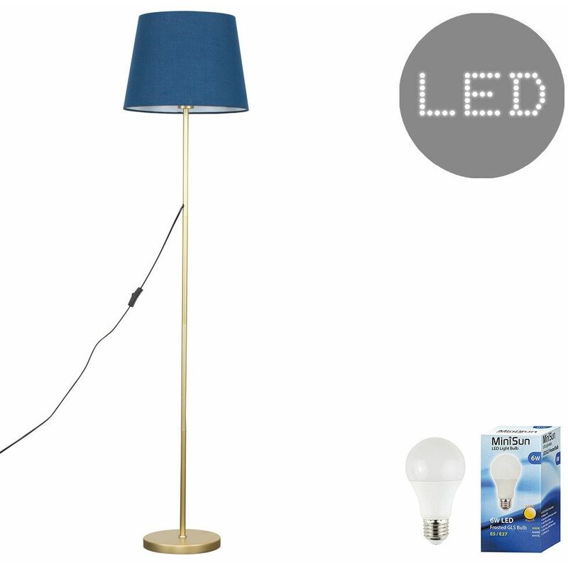 Minisun - Charlie Stem Floor Lamp in Gold with Aspen Shade - Navy Blue - Including LED Bulb