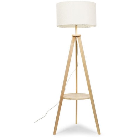 VALUELIGHTS Floor Lamp Large Wooden Tripod Light With Storage Shelf Boucle Drum Lampshade - No Bulb