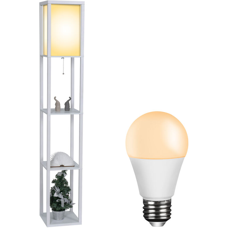 Floor Lamp,3-Tier Wooden Shelf,Standing Light with Display Shelves, White, With Bulb - White - Puluomis