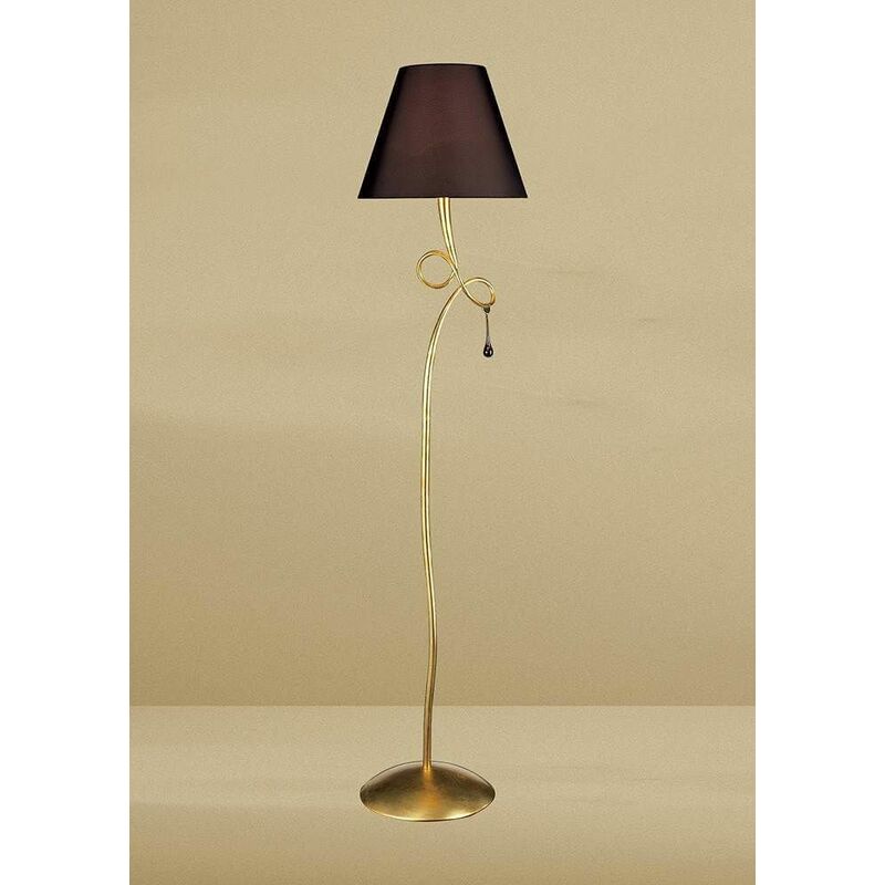 09diyas - Floor lamp Paola 1 Bulb E27, painted gold with black shade & amber glass droplets