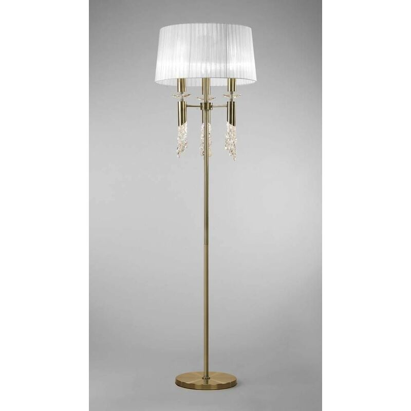 09diyas - Floor lamp Tiffany 3 + 3 Bulbs E27 + G9, antique brass with white lampshade & transparent crystal