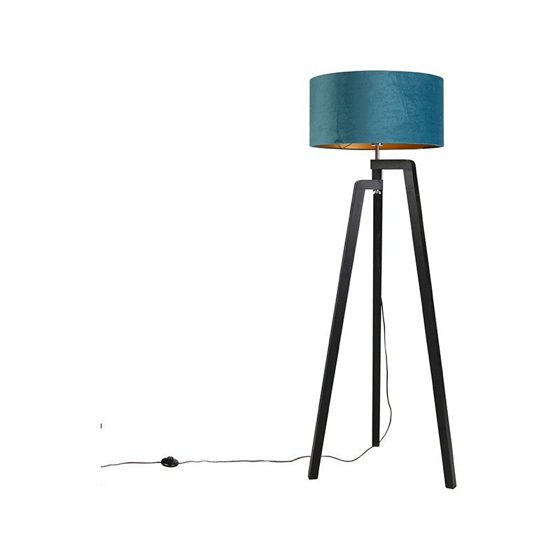 Qazqa Floor Lamp Tripod Black With Blue Lampshade And Gold 50 Cm