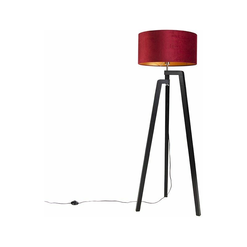 Qazqa - Floor Lamp Tripod Black with Red Lampshade and Gold 50 cm - Puros