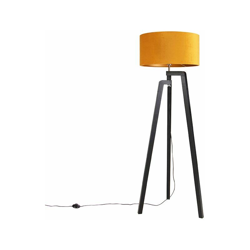 Qazqa Tripod Floor Lamp Black With Yellow Lampshade And Gold 50