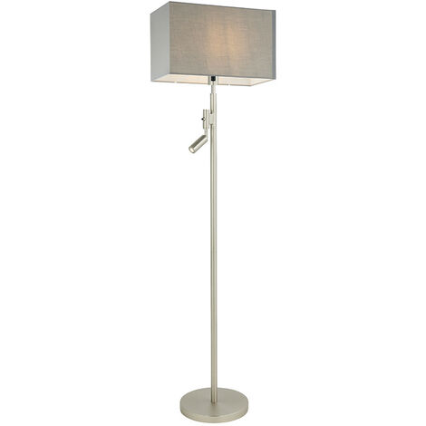 Floor Lamp With Reading Light Matt Nickel Plate, Grey Fabric Rectangular Shade