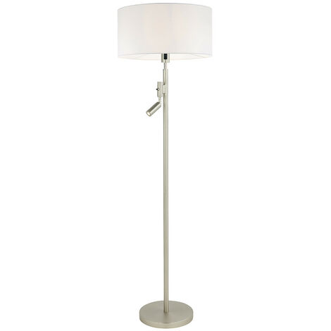 Floor Lamp With Reading Light Matt Nickel Plate, Vintage White Fabric Shade