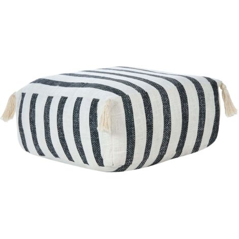 Floor Seating Cushion Cotton Square Striped Pattern White and Black Ashti