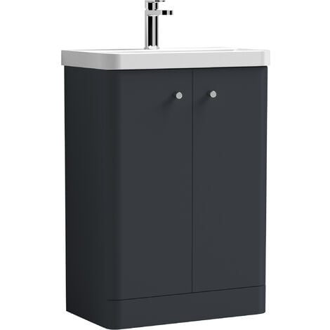 BALTERLEY Floor Standing 2 Door Vanity Unit with Ceramic Basin - 600mm - Soft Black