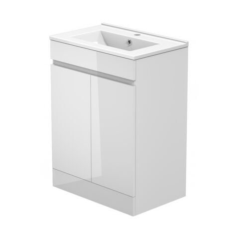 Floor Standing Bathroom Vanity Unit with Ceramic Basins , Storage Cabinets Flat Pack - 600mm Gloss White
