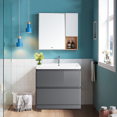 main image of "Floor Standing Drawer Vanity Unit Basin Bathroom Storage Furniture 800mm Gloss Grey"