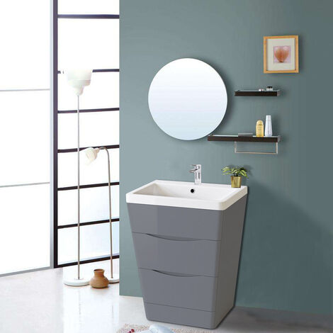 Floor Standing Vanity Unit Basin Sink Cabinet 2 Drawer Bathroom Storage Furniture 600mm Gloss Grey