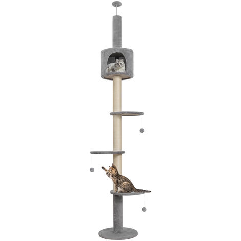 Floor to Ceiling Cat Tree, 4-Tier Cat Tower, 220-260cm Height Adjustable, Climbing Activity Center, with Scratching Post, Cozy Condo, Hanging Balls, Grey
