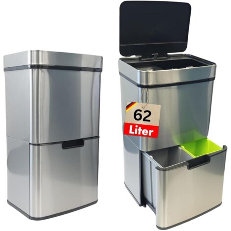 Floordirekt – Poubelle automatique 62L en acier inoxydable – Détecteur de mouvement – Dimensions 42 x 31,5 x 74,5 cm – Bac à déchets amovible - DIRK 62 L