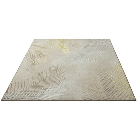 FLOORNOVO Hochflor Teppich Beige Blattmuster - 150 x 80 cm - Besonders Weicher Teppich Wohnzimmer & Badezimmerteppich - Pflegeleicht - vielseitig einsetzbar im Innenbereich