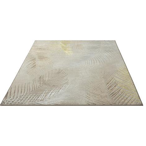 FLOORNOVO Hochflor Teppich Beige Blattmuster - 200 x 140 cm - Besonders Weicher Teppich Wohnzimmer & Badezimmerteppich - Pflegeleicht - vielseitig einsetzbar im Innenbereich