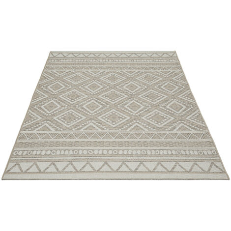 FLOORNOVO In- & Outdoor Teppich Beige gemustert - 160 x 120 cm - Flachgewebe für Garten Balkon Terrasse und Innenbereich - Robust & Pflegeleicht - vielseitig einsetzbar im Innen- und Außenbereich