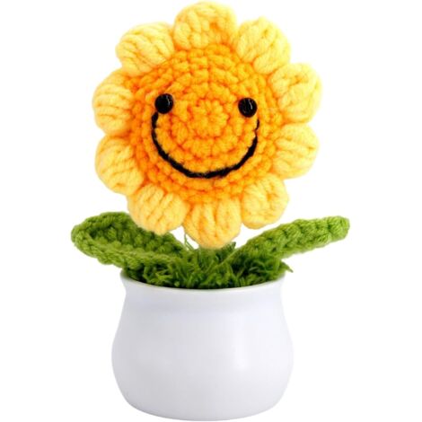 Flor de ganchillo, una bonita decoración para ti o como regalo - flor de ganchillo hecha a mano - girasol con carita sonriente - maceta incluida - idea para regalo