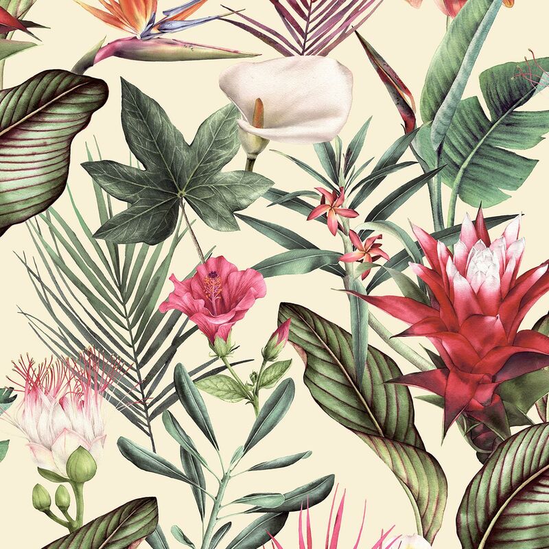 Flora Cream Wallpaper Debona Floral Tropical Jungle Red Green Natural