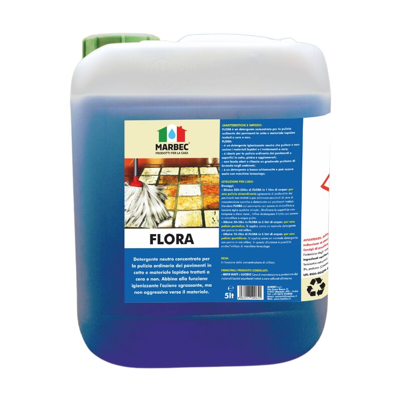 Image of Flora 5LT Detergente igienizzante per pavimenti in cotto e materiali lapidei, ideale per la pulizia ordinaria di superfici trattate e non. Non