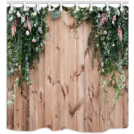 Floral and Leaves Pattern - 180 x 180 cm - Decorative Wooden Shower Curtain with 12 Hooks -