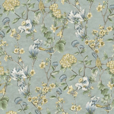 Floral Bird Trail Wallpaper Blue Green Flower Trees Leaves Natural Botanical