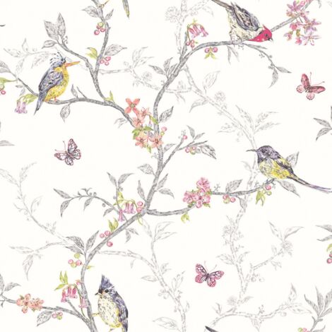 Floral Butterfly Wallpaper White Colourful Multi Color Birds Trees Holden Decor