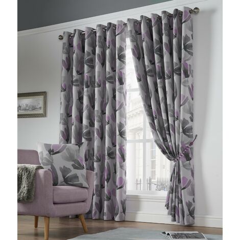 Floral Eyelet Ring Curtain Pair Blackout Thermal Efficient Purple 90x90"