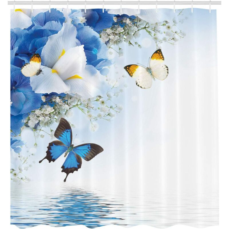 Floral Shower Curtain, Exotic Pond Flowers, Fabric Bathroom Decor Set with Hooks, 180cm x 200cm, Blue White
