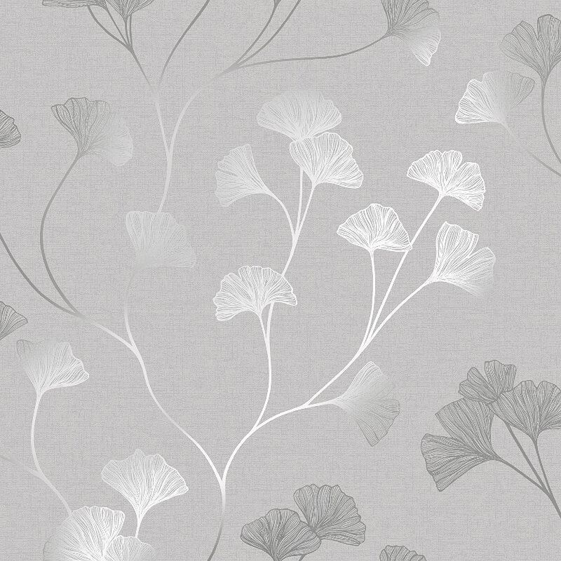 Holden Decor - Floral Wallpaper Flowers Grey Silver Metallic Shimmer Ginkgo