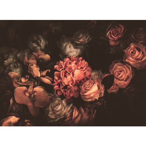 Florale Fototapete in Altrosa | Vintage Fototapete mit Blumen auf schwarzem Hintergrund | Antik Tapete mit Rose Hortensie und Orchidee für Wohnzimmer - 255 x 350 cm (5 Teile) - Orange / Terrakotta, Pink / Rosa