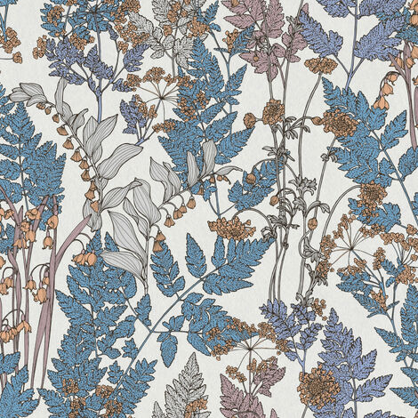 Florale Tapete skandinavisch Moderne Blumentapete in Weiß und Blau Landhaus Vliestapete mit Farn Design ideal für Schlafzimmer und Esszimmer - Blau, Beige, Beige, Yellow, Grey