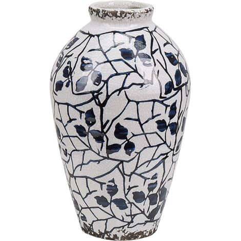 Florero blanco y azul gres diseño floral maceta de interior 20 cm diseño moderno Mallia
