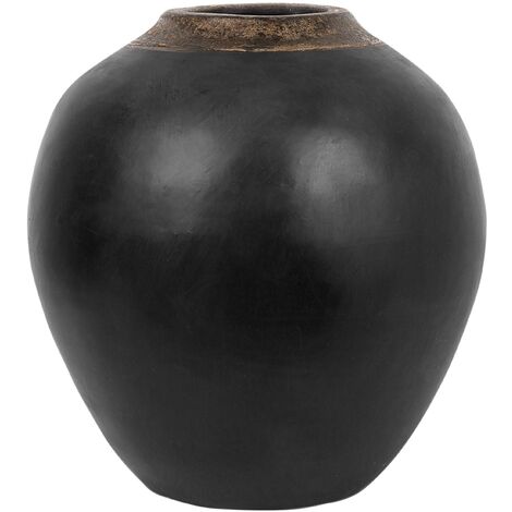 Florero decorativo jarrón de mesa de terracota negro 31 cm con cuello dorado Lauri - Negro