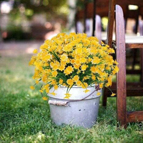 Flores artificiales de margaritas, 4 piezas, arbustos de plástico verde, flores falsas para interior y exterior (amarillo)
