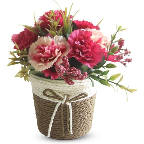 Flores artificiales en maceta, bonsái de flores artificiales, miniplanta de flores artificiales de plástico con maceta de ratán para decoración del hogar, bodas y oficinas (rojo)