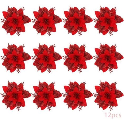 Flores navideñas, 12 flores navideñas con purpurina, flores navideñas huecas con purpurina, adorno decorativo para árbol de Navidad con flores artificiales de Pascua (rojo-B)