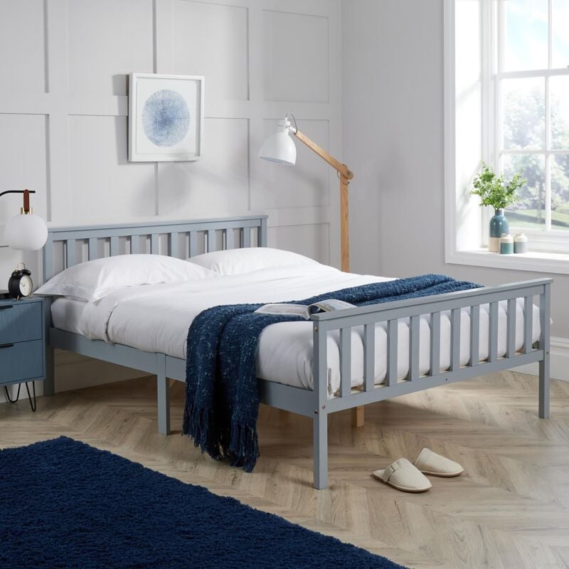 Double Grey Wooden Bed 4ft 6 Solid Pine High End Slatted Base - Grey - Florida